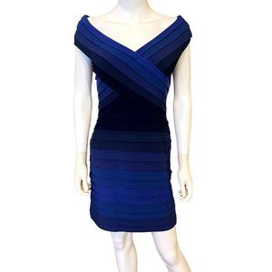 Tadashi Shoji Blue Ombre Wide Neck Pleated Bodycon Stretch Cocktail Dress Size M